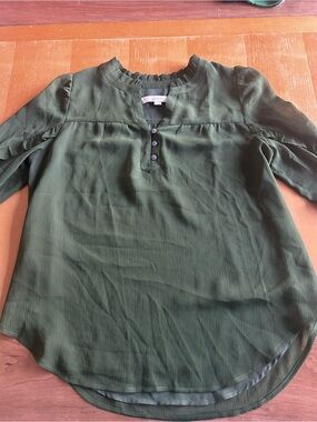 LOFT Olive Green Ruffle Collar Henley Blouse